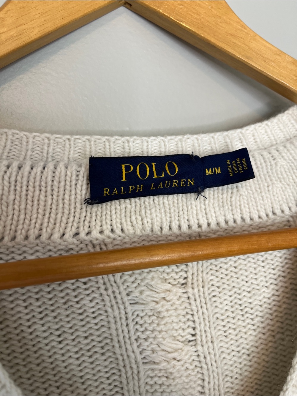 Polo by Ralph Lauren Cream Cricket Cable-Knit V-Neck Sweater with Navy & Yellow - Picture 7 of 17